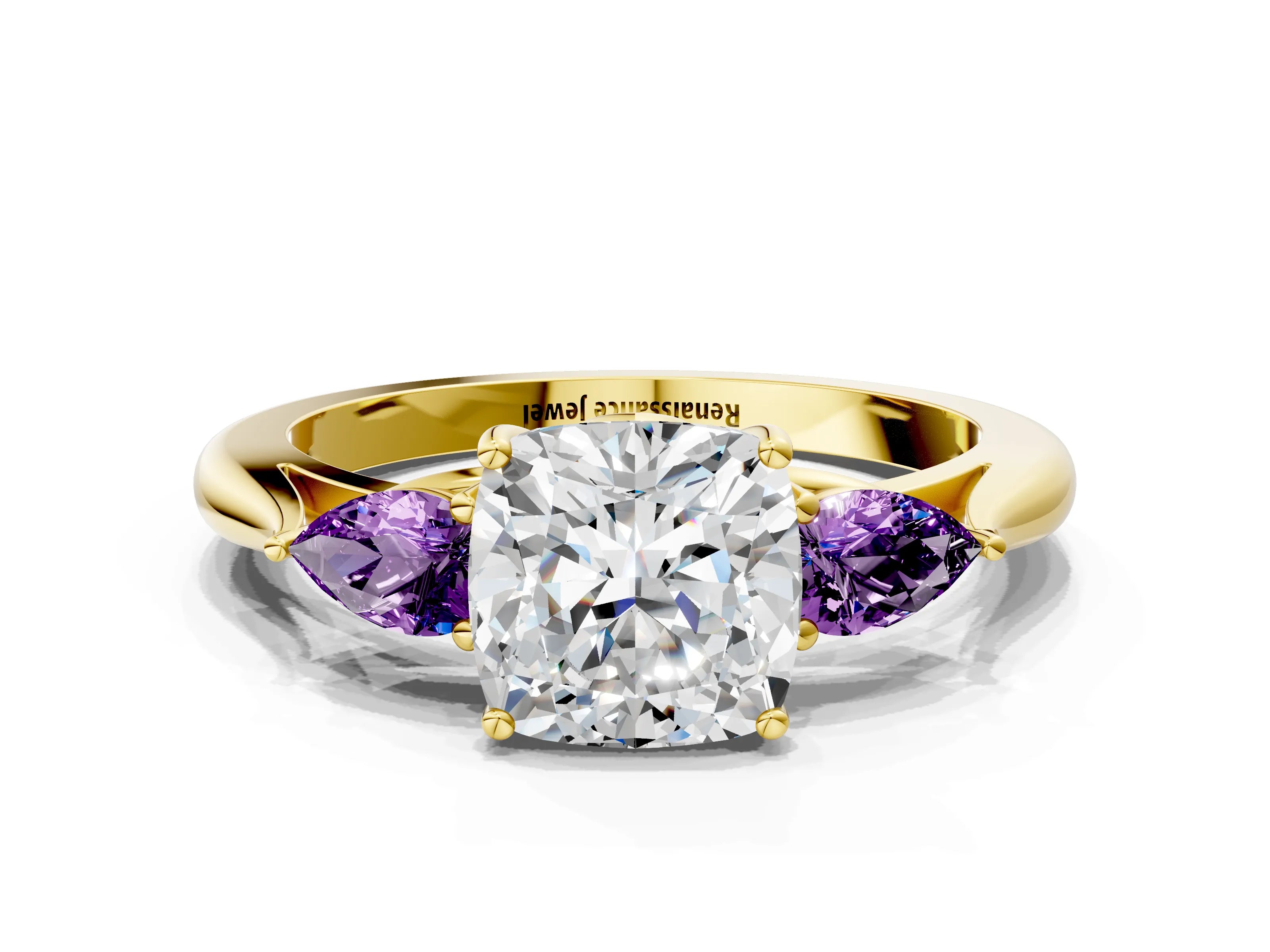 Yellow gold Cushion Cut Diamond Three-Stone Ring with Pear with Amethyst side stone Side Stones and Prong Setting