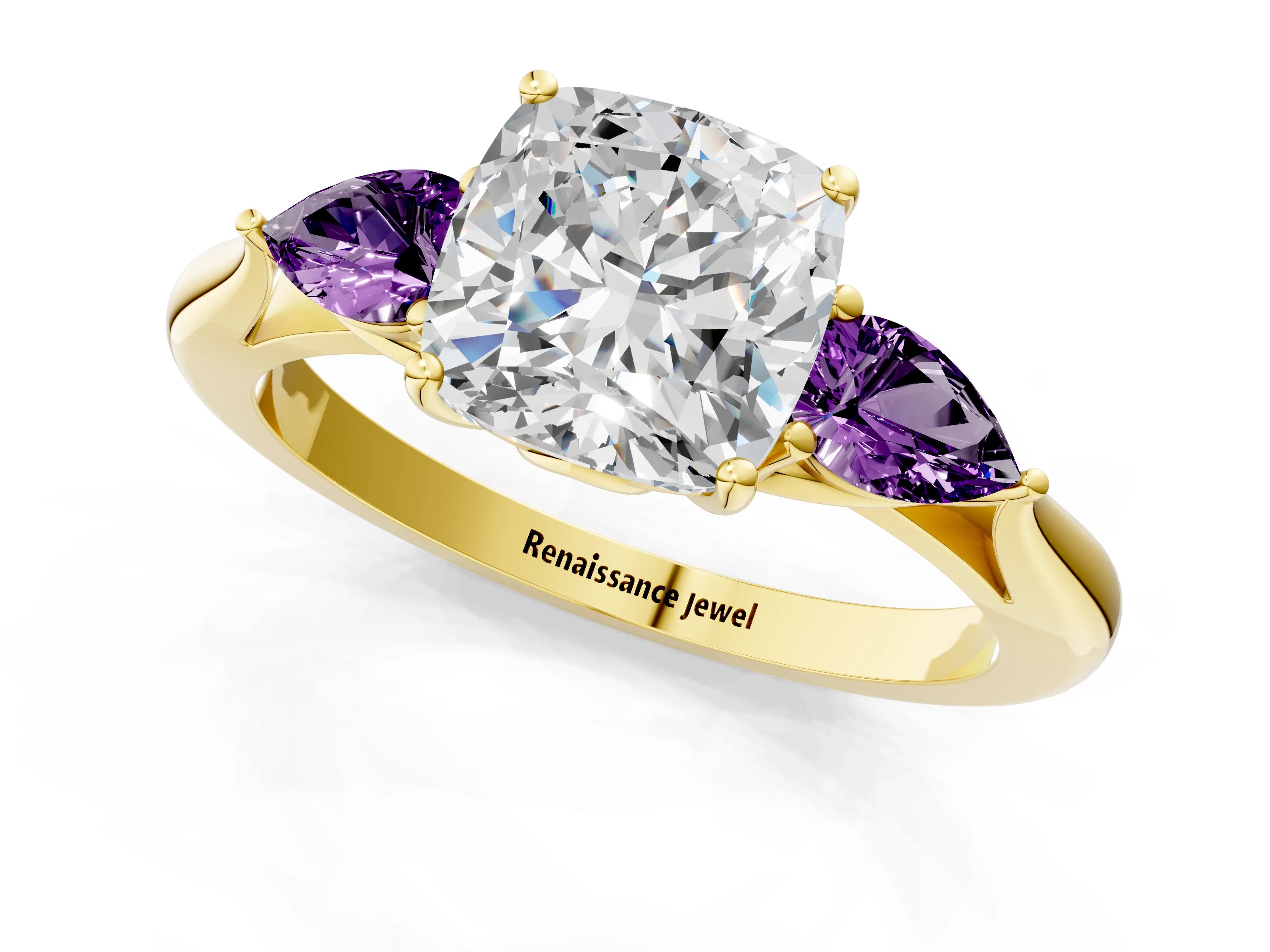 Yellow gold Cushion Cut Diamond Three-Stone Ring with Pear with Amethyst side stone Side Stones and Prong Setting_1