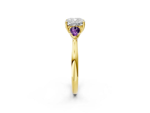 Yellow gold Cushion Cut Diamond Three-Stone Ring with Pear with Amethyst side stone Side Stones and Prong Setting_2