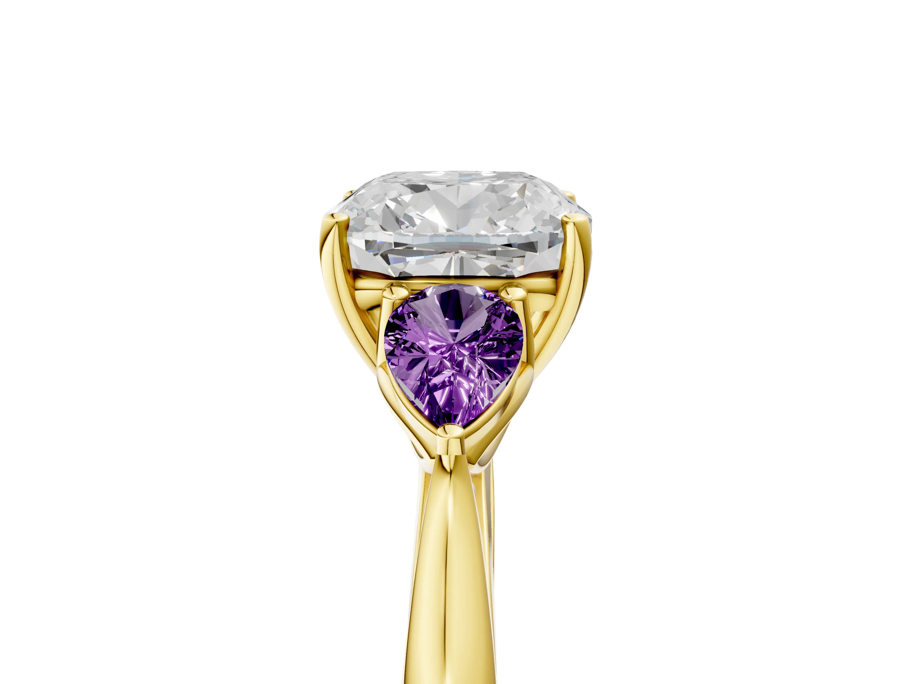 Yellow gold Cushion Cut Diamond Three-Stone Ring with Pear with Amethyst side stone Side Stones and Prong Setting_5