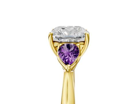 Yellow gold Cushion Cut Diamond Three-Stone Ring with Pear with Amethyst side stone Side Stones and Prong Setting_5