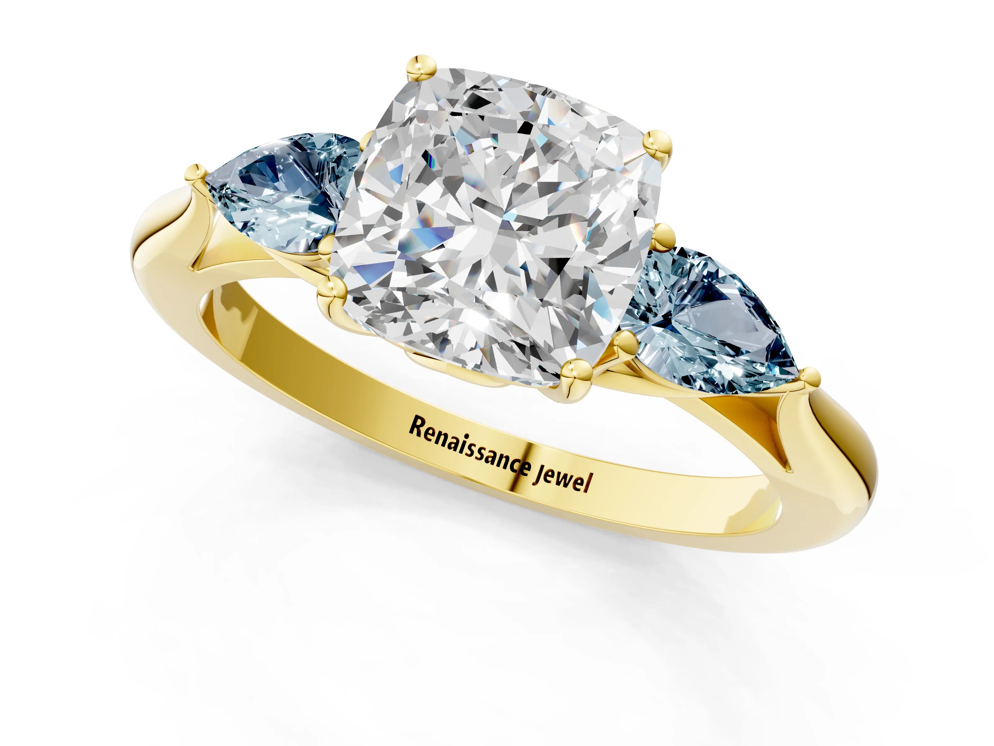 Yellow gold Cushion Cut Diamond Three-Stone Ring with Pear with Aquamarine side stone Side Stones and Prong Setting_1