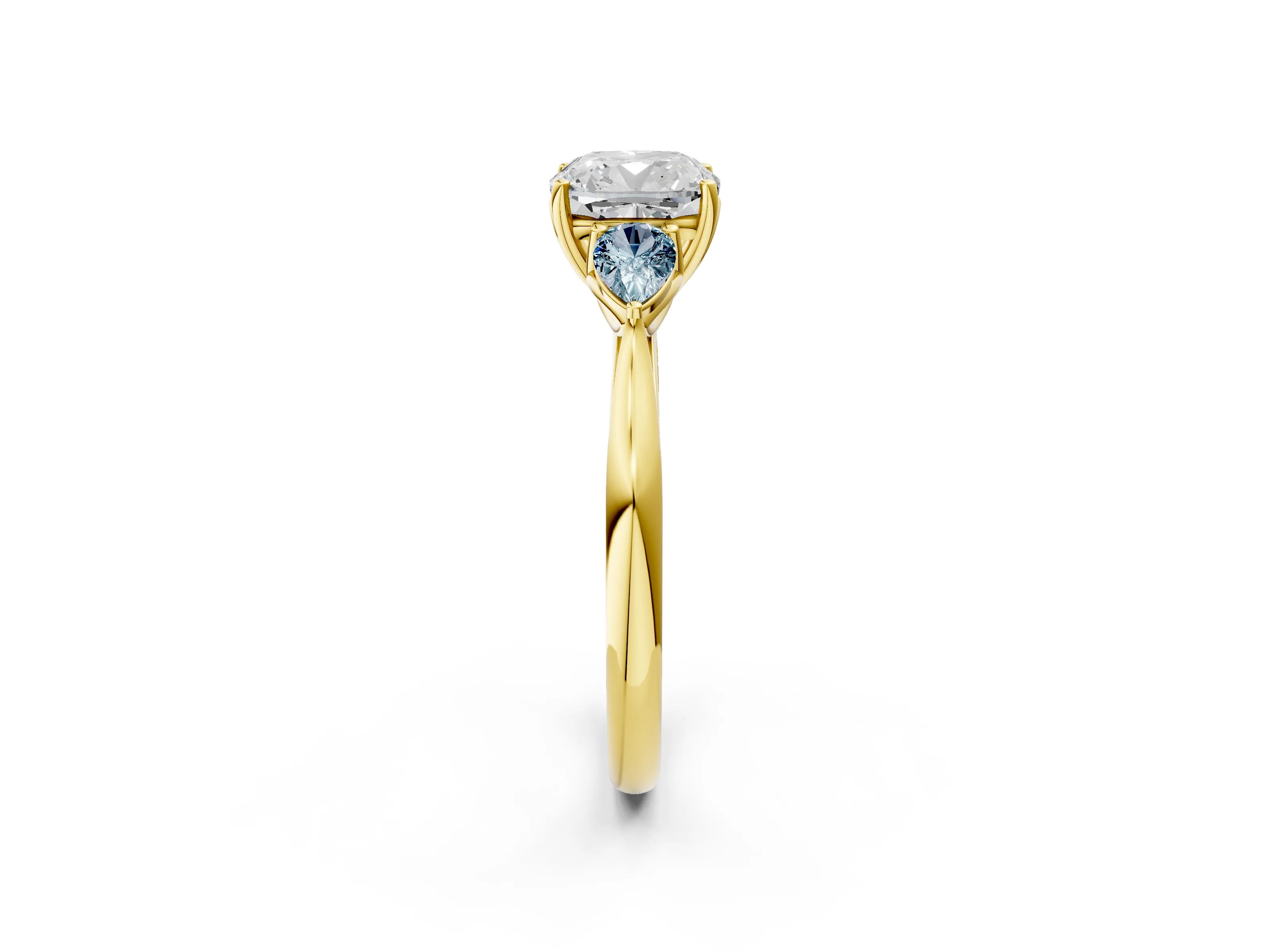 Yellow gold Cushion Cut Diamond Three-Stone Ring with Pear with Aquamarine side stone Side Stones and Prong Setting_2