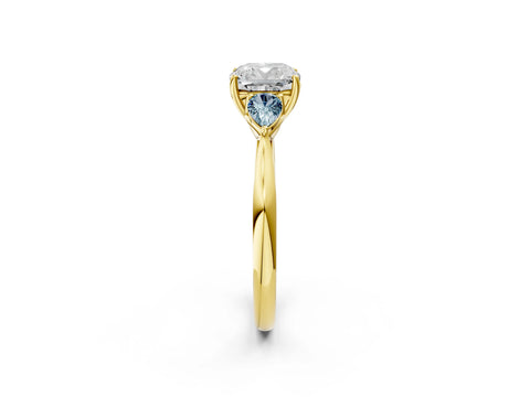 Yellow gold Cushion Cut Diamond Three-Stone Ring with Pear with Aquamarine side stone Side Stones and Prong Setting_2