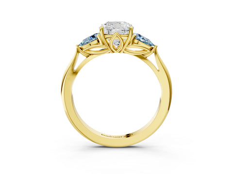 Yellow gold Cushion Cut Diamond Three-Stone Ring with Pear with Aquamarine side stone Side Stones and Prong Setting_3