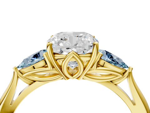 Yellow gold Cushion Cut Diamond Three-Stone Ring with Pear with Aquamarine side stone Side Stones and Prong Setting_4