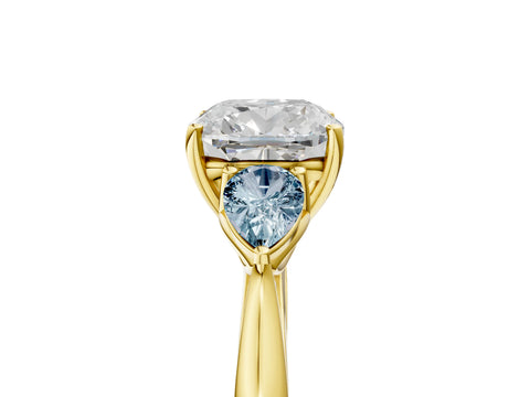 Yellow gold Cushion Cut Diamond Three-Stone Ring with Pear with Aquamarine side stone Side Stones and Prong Setting_5