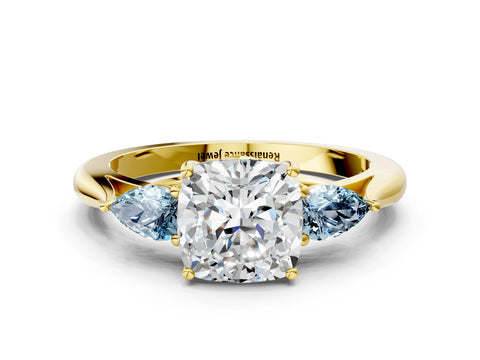Yellow gold Cushion Cut Diamond Three-Stone Ring with Pear with Aquamarine side stone Side Stones and Prong Setting