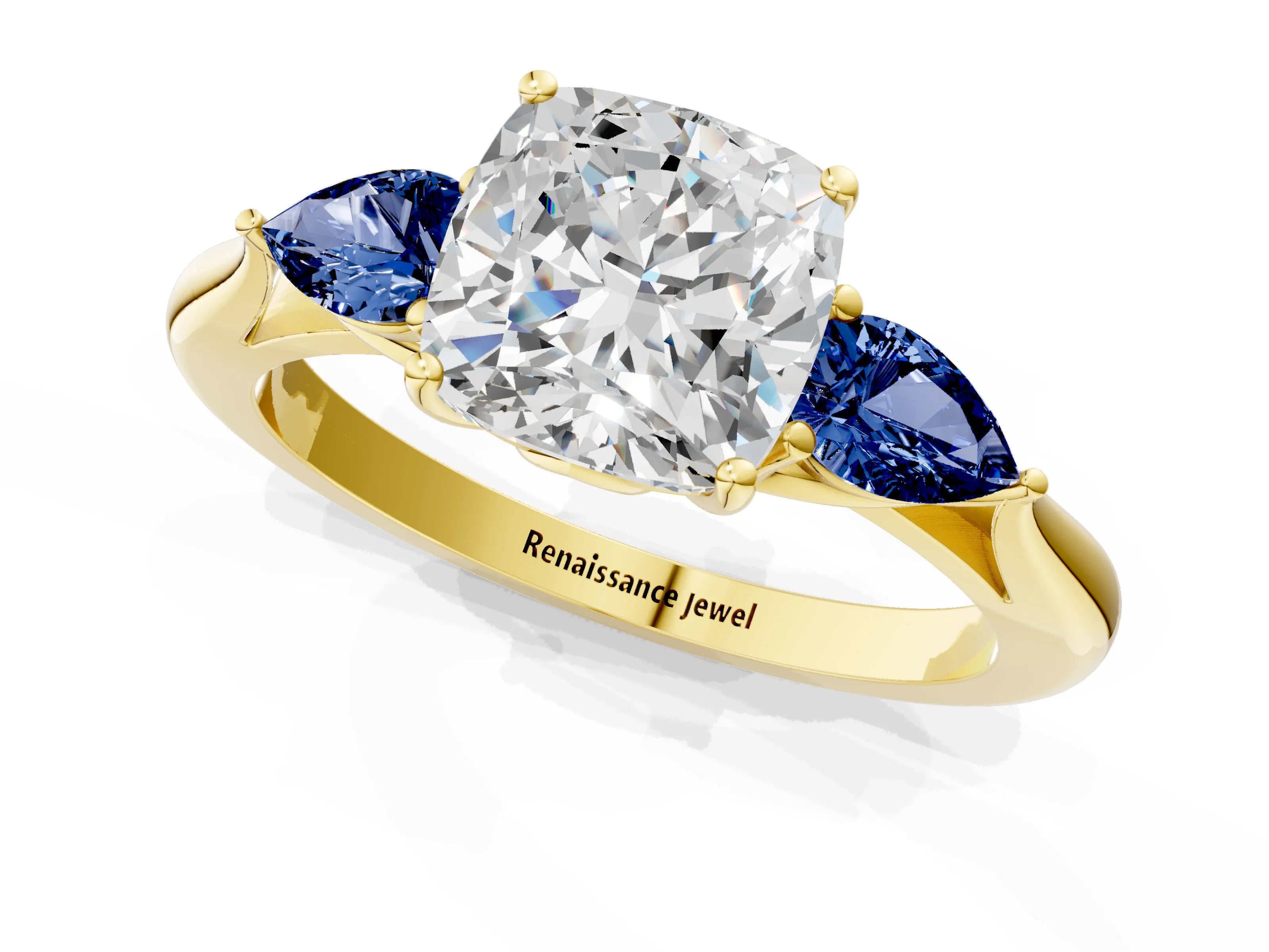 Yellow gold Cushion Cut Diamond Three-Stone Ring with Pear with Blue Sapphire side stone Side Stones and Prong Setting_1
