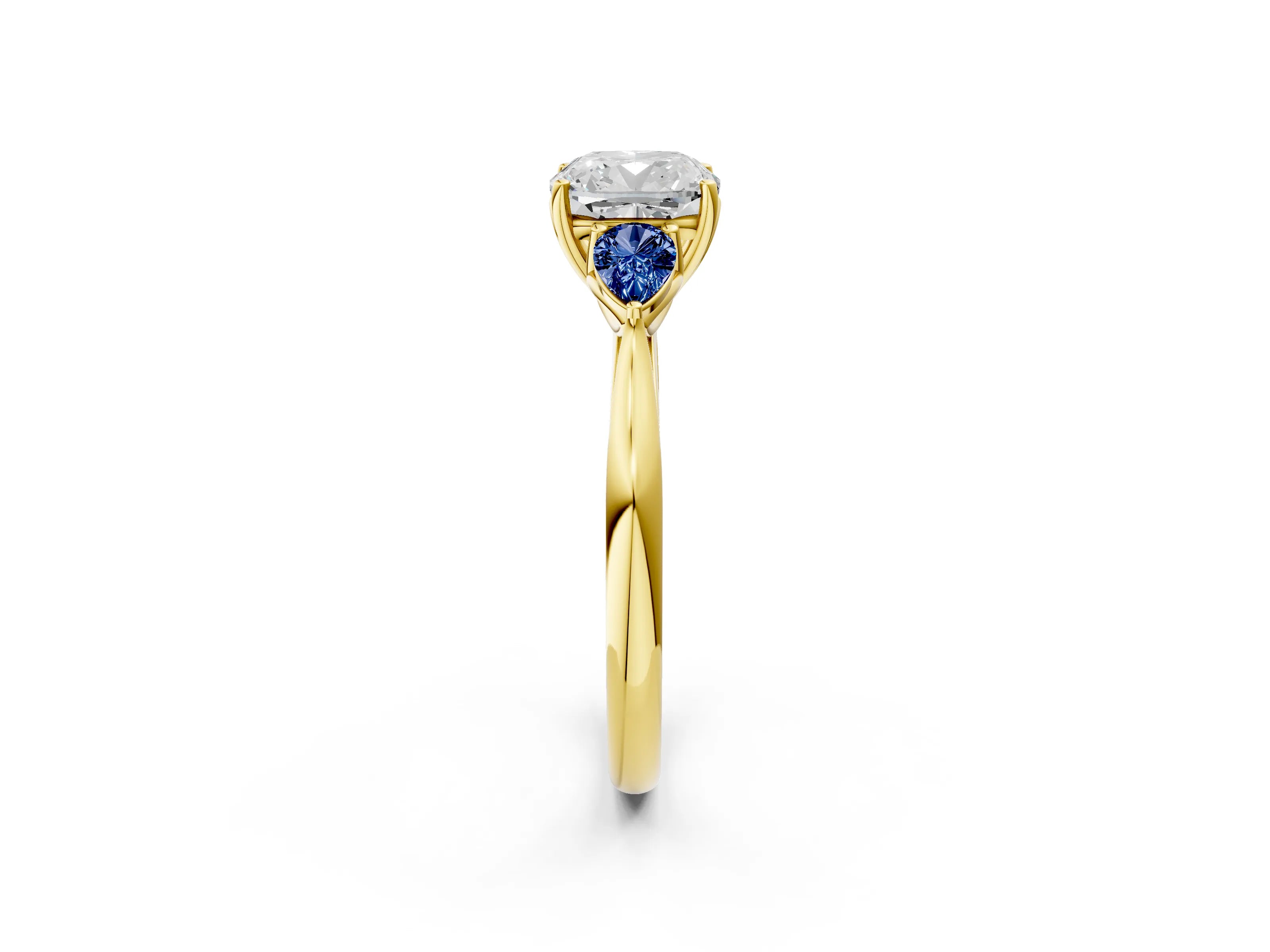 Yellow gold Cushion Cut Diamond Three-Stone Ring with Pear with Blue Sapphire side stone Side Stones and Prong Setting_2
