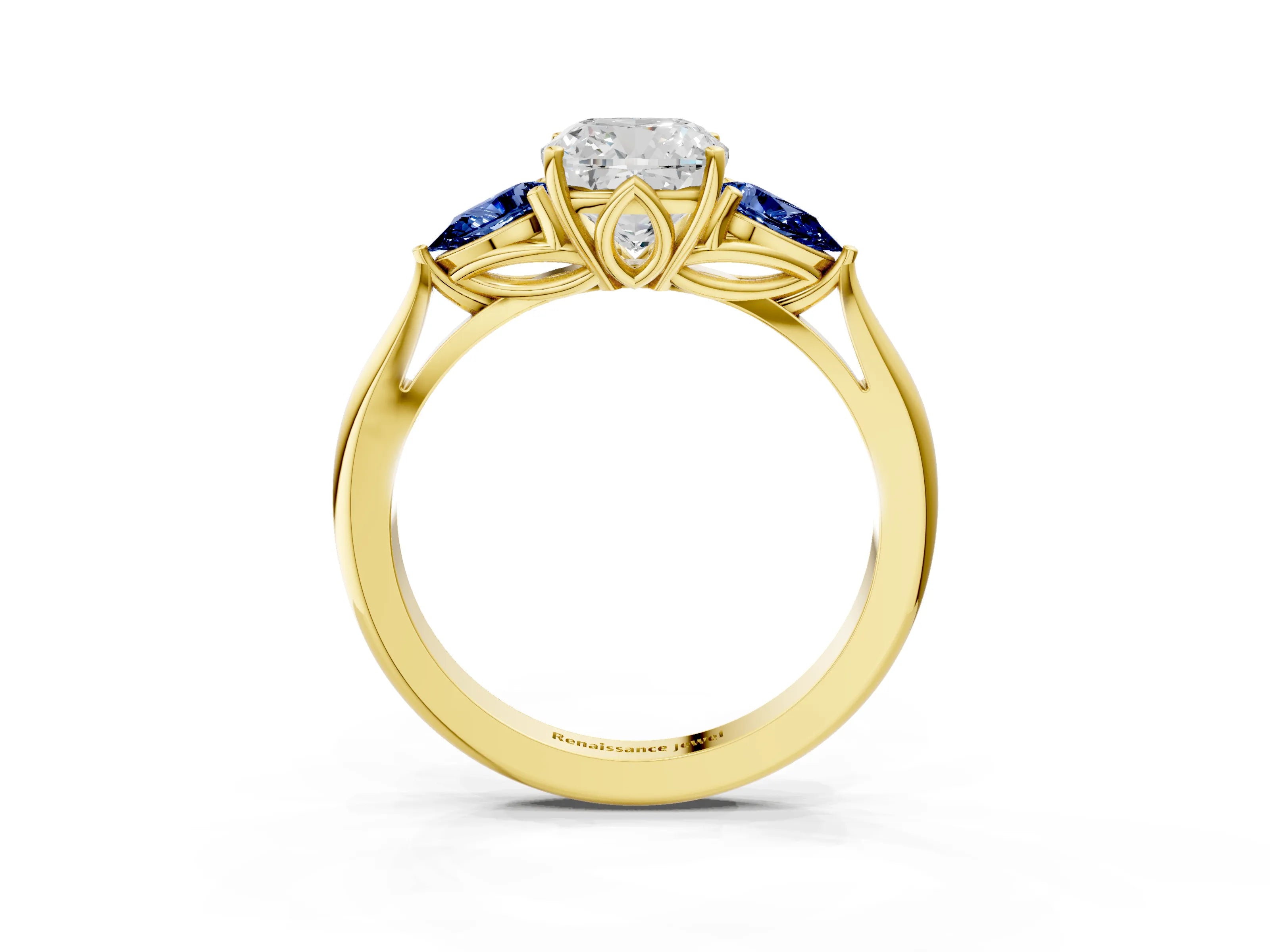 Yellow gold Cushion Cut Diamond Three-Stone Ring with Pear with Blue Sapphire side stone Side Stones and Prong Setting_3