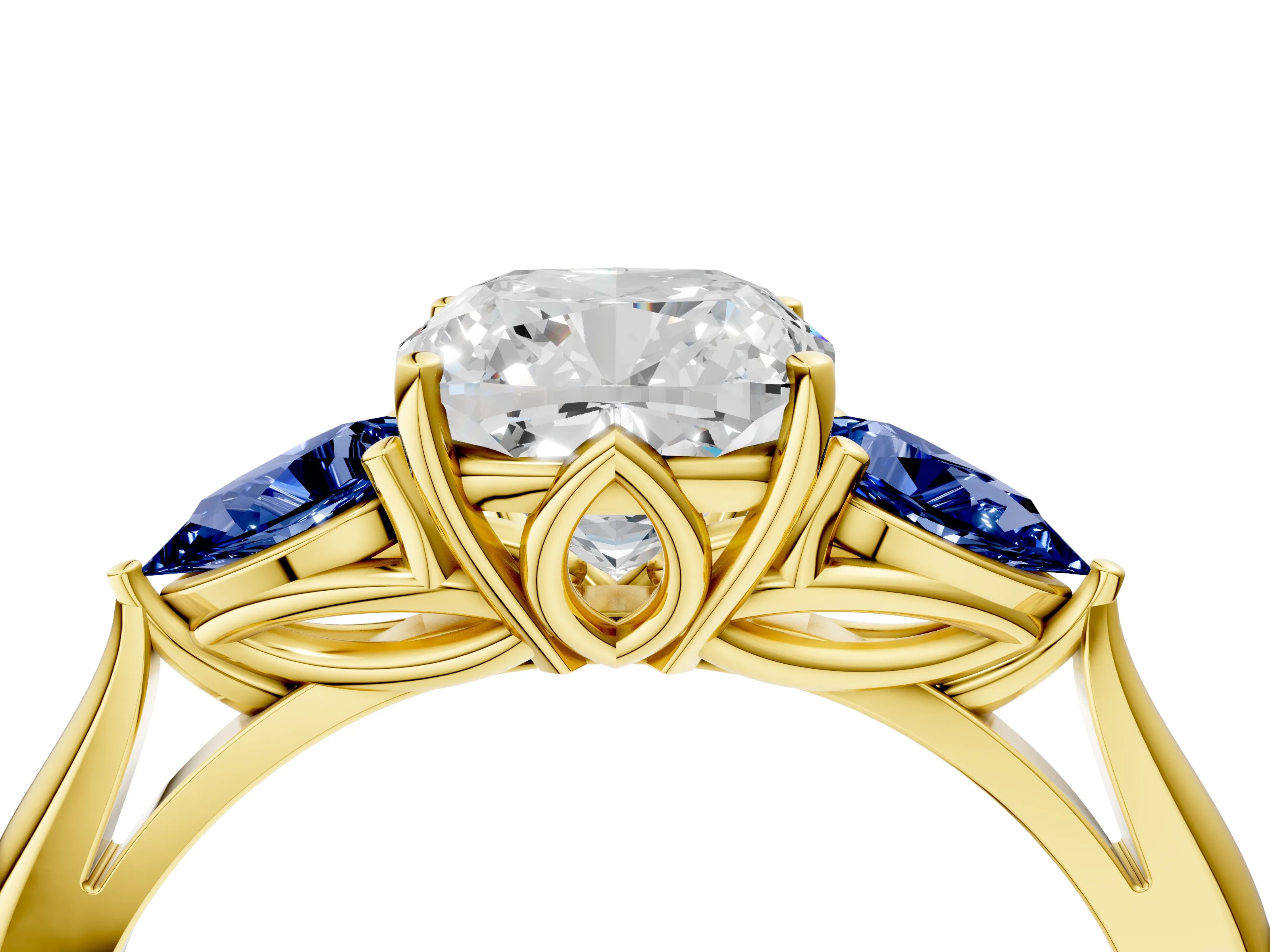 Yellow gold Cushion Cut Diamond Three-Stone Ring with Pear with Blue Sapphire side stone Side Stones and Prong Setting_4