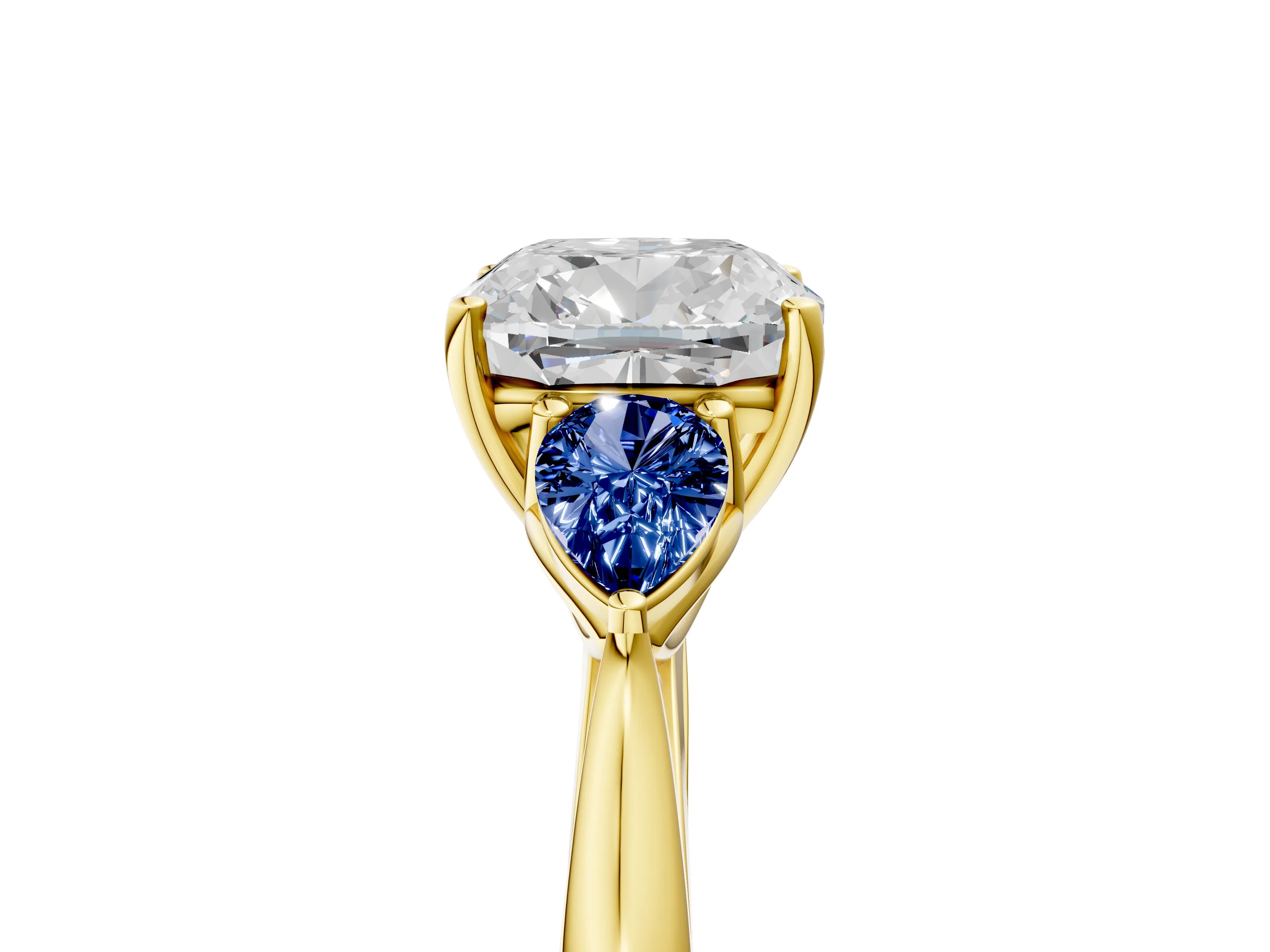 Yellow gold Cushion Cut Diamond Three-Stone Ring with Pear with Blue Sapphire side stone Side Stones and Prong Setting_5