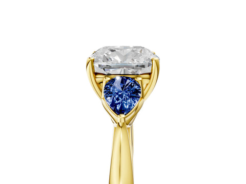 Yellow gold Cushion Cut Diamond Three-Stone Ring with Pear with Blue Sapphire side stone Side Stones and Prong Setting_5