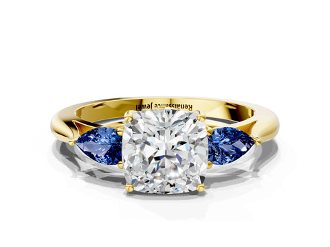 Yellow gold Cushion Cut Diamond Three-Stone Ring with Pear with Blue Sapphire side stone Side Stones and Prong Setting