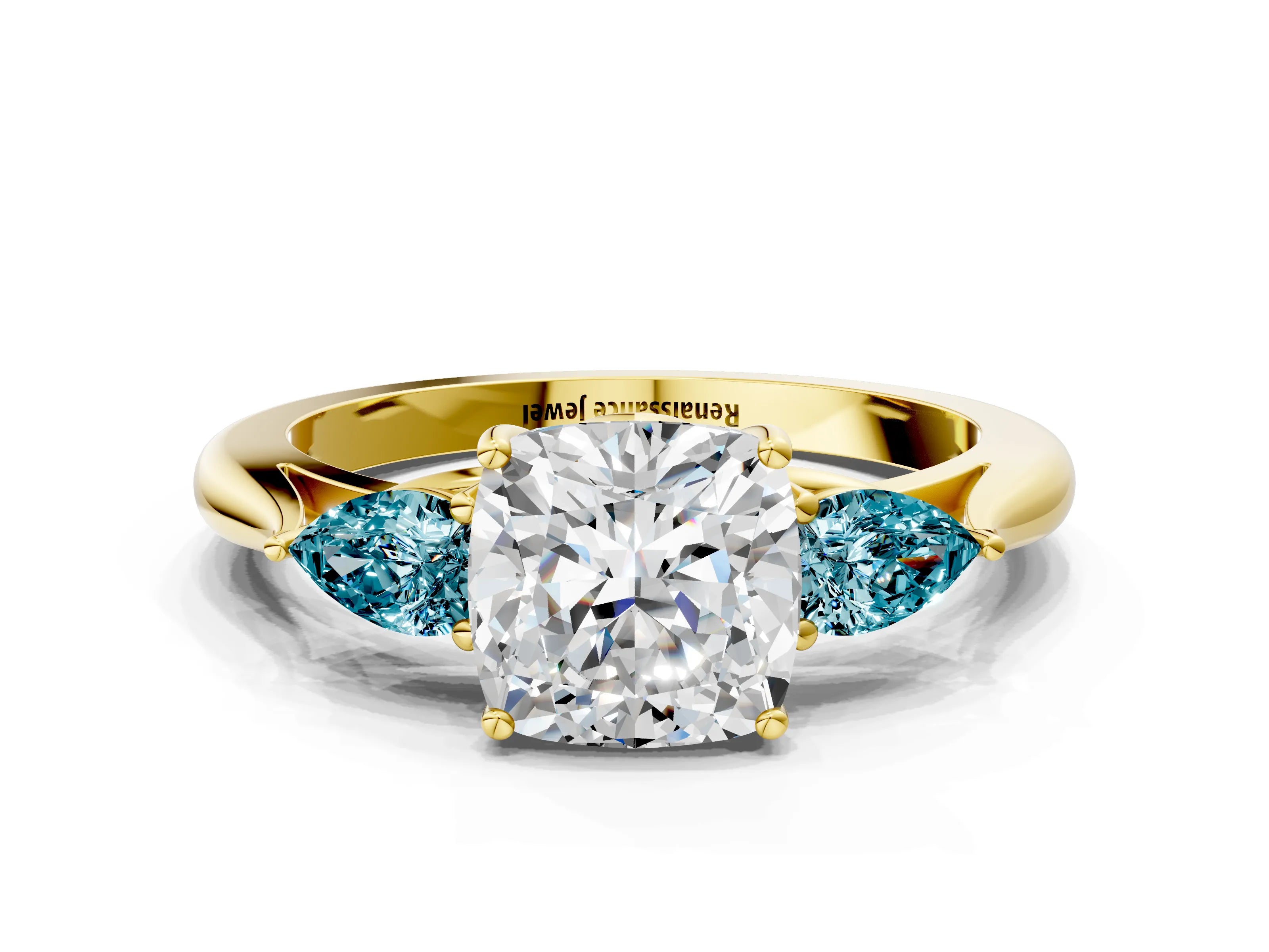 Yellow gold Cushion Cut Diamond Three-Stone Ring with Pear with Blue Topaz side stone Side Stones and Prong Setting