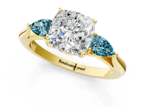 Yellow gold Cushion Cut Diamond Three-Stone Ring with Pear with Blue Topaz side stone Side Stones and Prong Setting_1