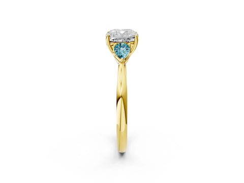 Yellow gold Cushion Cut Diamond Three-Stone Ring with Pear with Blue Topaz side stone Side Stones and Prong Setting_2