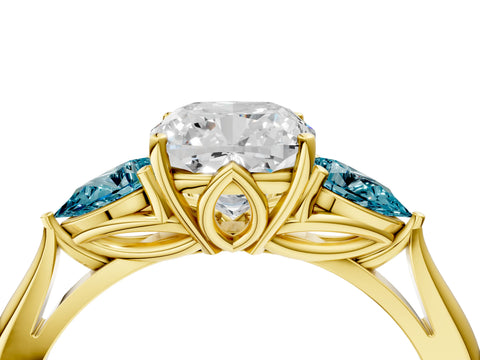 Yellow gold Cushion Cut Diamond Three-Stone Ring with Pear with Blue Topaz side stone Side Stones and Prong Setting_4