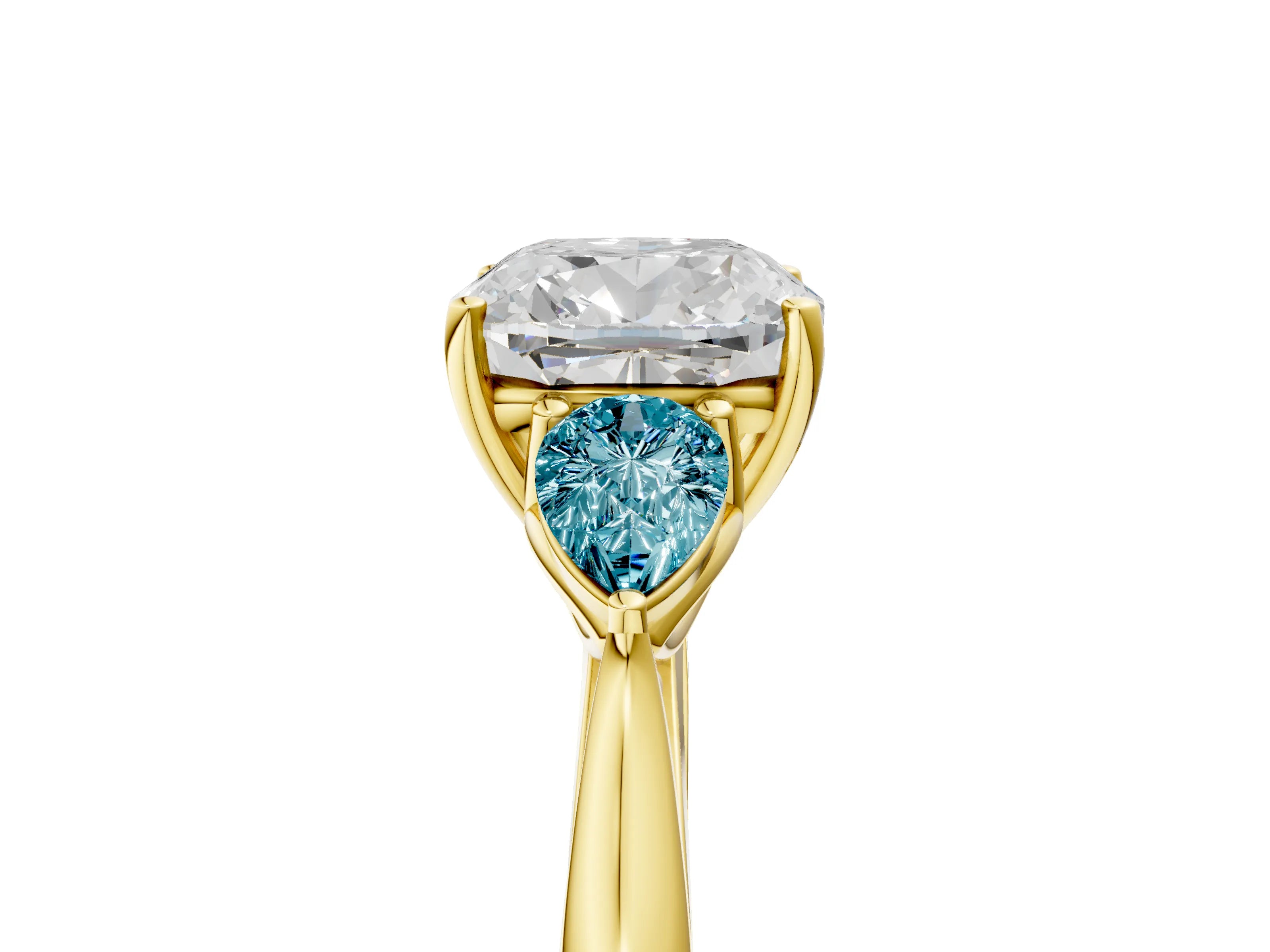 Yellow gold Cushion Cut Diamond Three-Stone Ring with Pear with Blue Topaz side stone Side Stones and Prong Setting_5