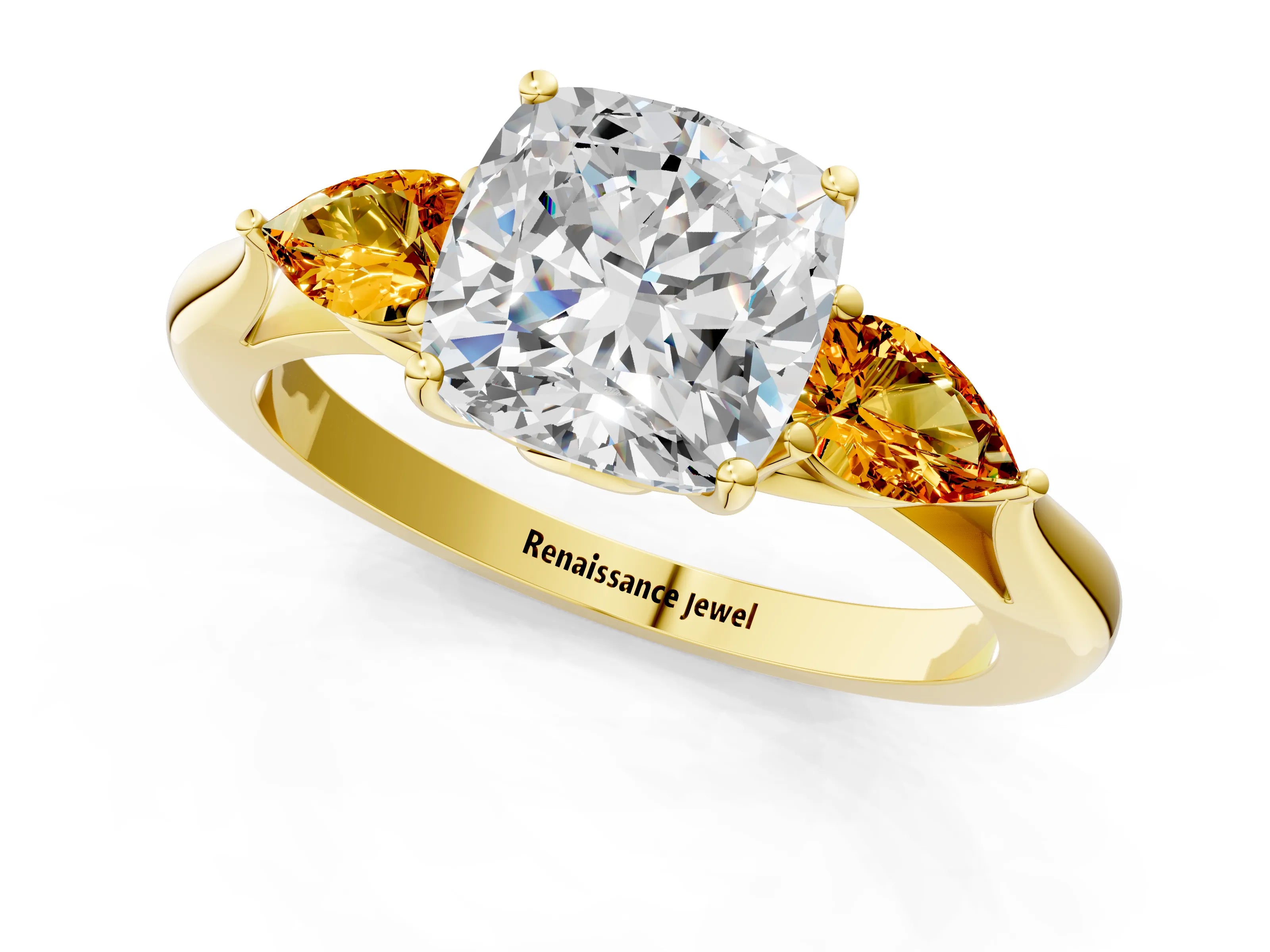 Yellow gold Cushion Cut Diamond Three-Stone Ring with Pear with Citrine side stone Side Stones and Prong Setting_1