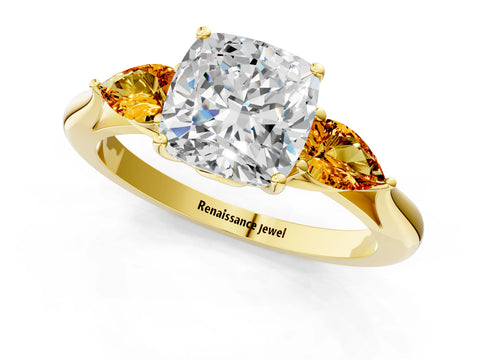 Yellow gold Cushion Cut Diamond Three-Stone Ring with Pear with Citrine side stone Side Stones and Prong Setting_1