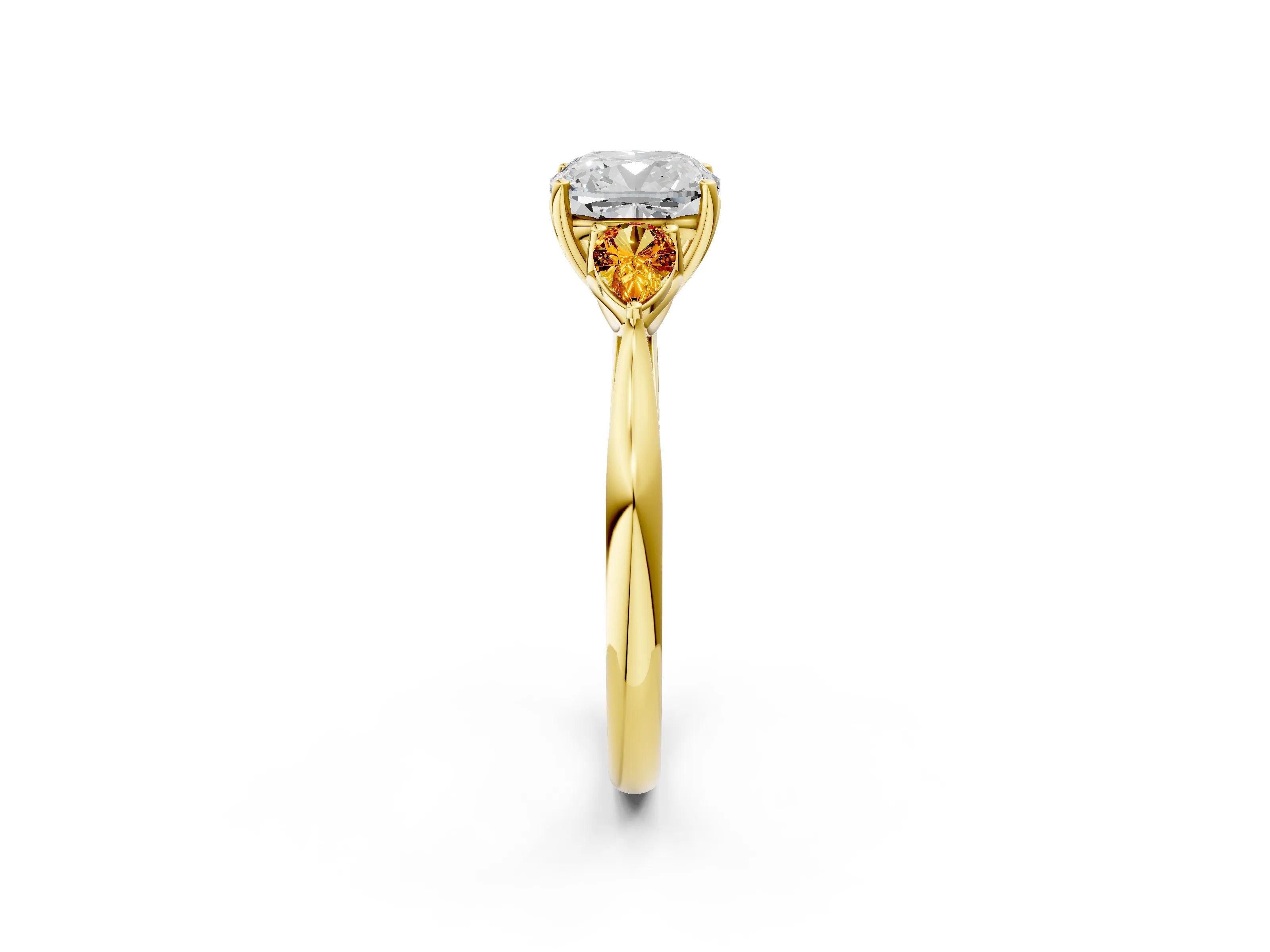 Yellow gold Cushion Cut Diamond Three-Stone Ring with Pear with Citrine side stone Side Stones and Prong Setting_2