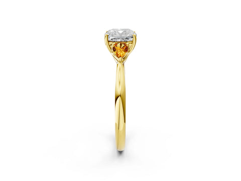 Yellow gold Cushion Cut Diamond Three-Stone Ring with Pear with Citrine side stone Side Stones and Prong Setting_2