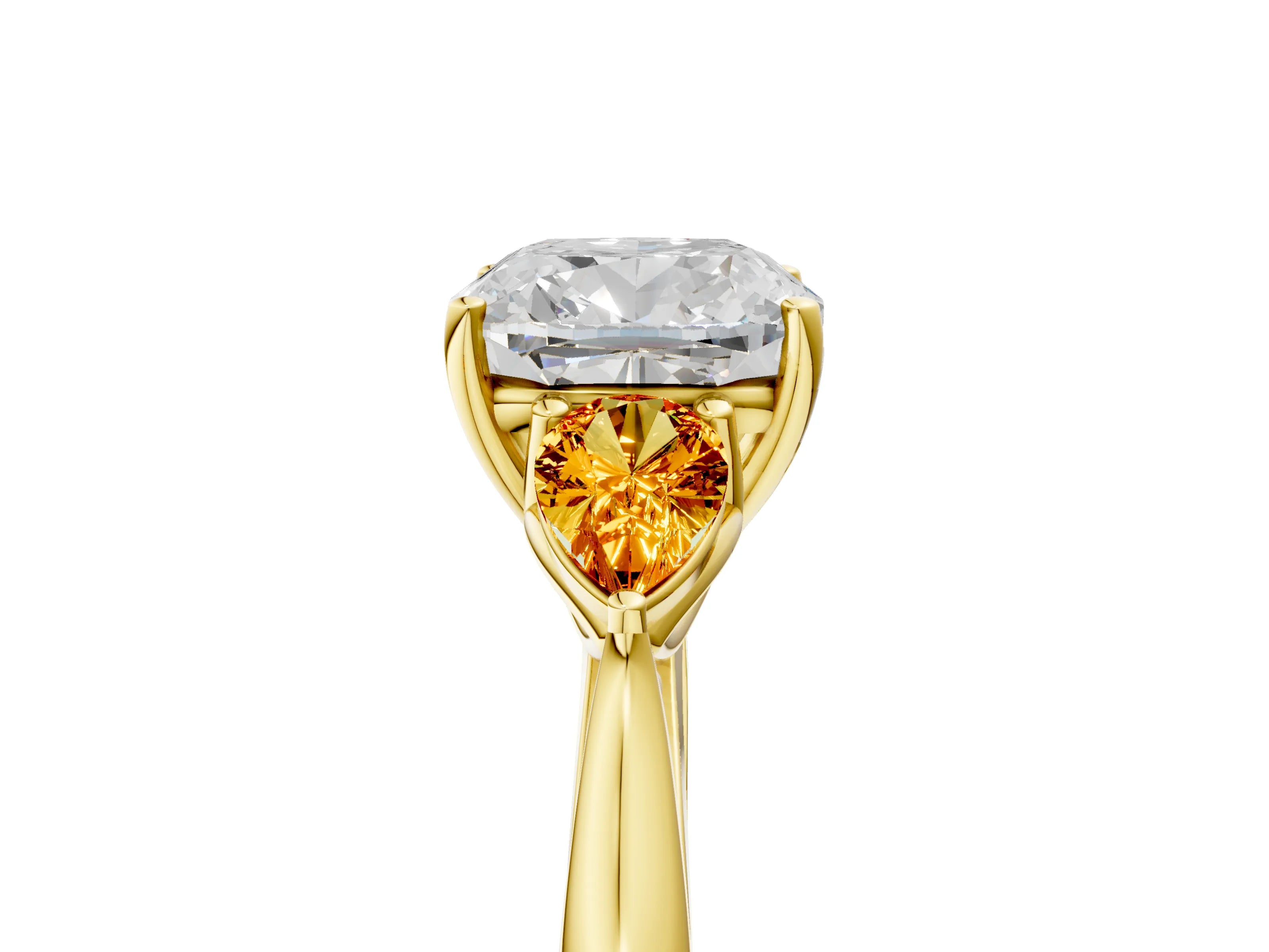 Yellow gold Cushion Cut Diamond Three-Stone Ring with Pear with Citrine side stone Side Stones and Prong Setting_5