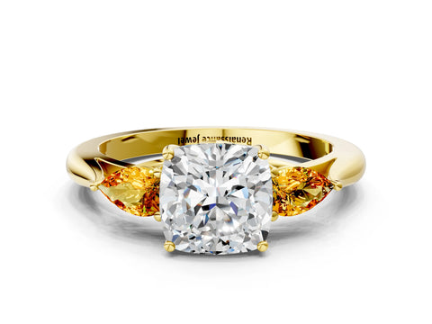 Yellow gold Cushion Cut Diamond Three-Stone Ring with Pear with Citrine side stone Side Stones and Prong Setting