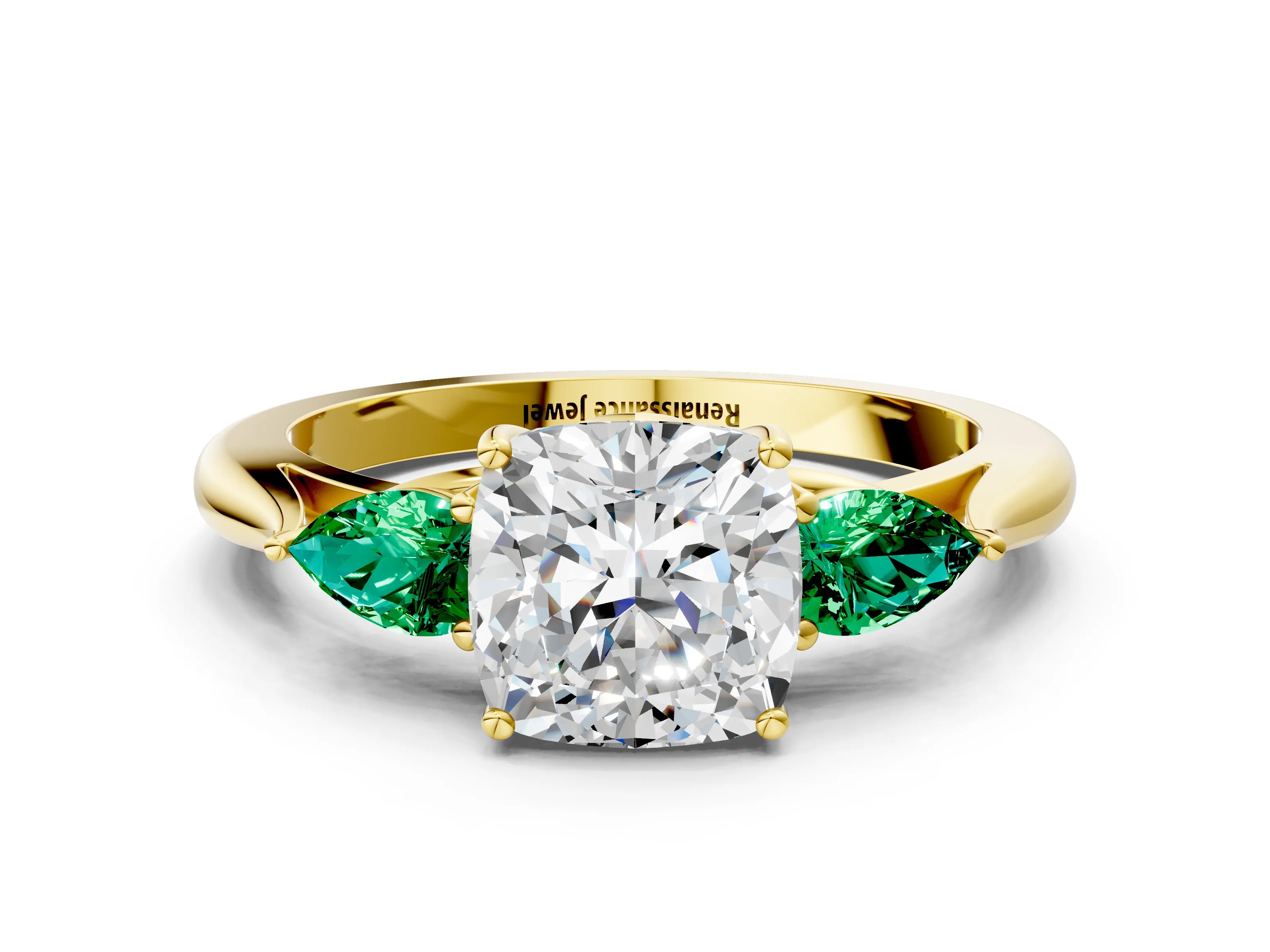 Yellow gold Cushion Cut Diamond Three-Stone Ring with Pear with Emerald side stone Side Stones and Prong Setting