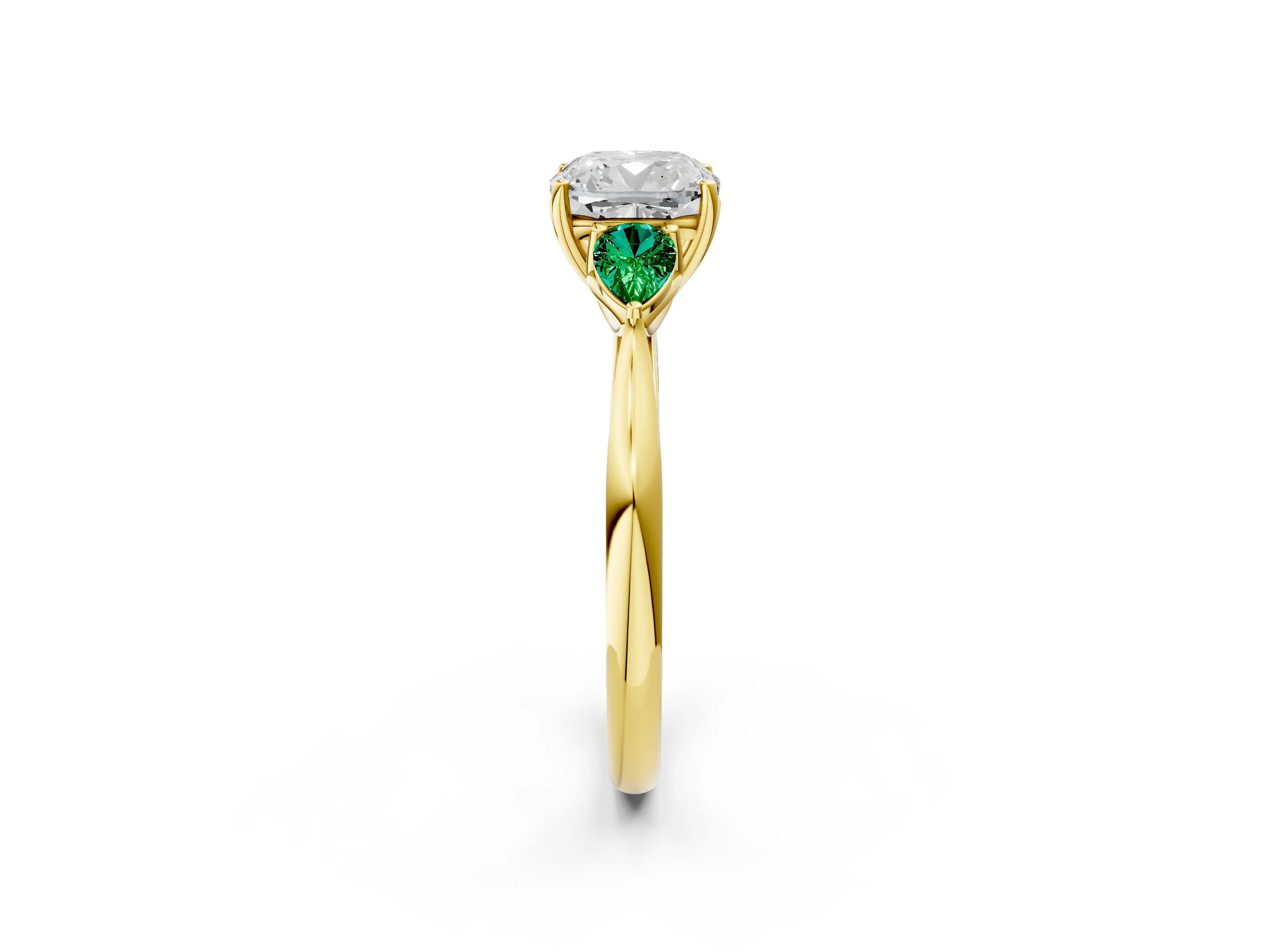 Yellow gold Cushion Cut Diamond Three-Stone Ring with Pear with Emerald side stone Side Stones and Prong Setting_2