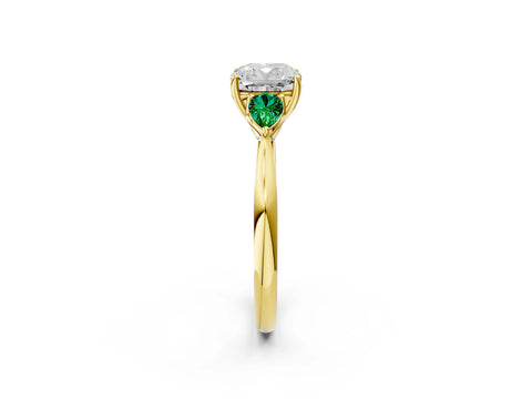 Yellow gold Cushion Cut Diamond Three-Stone Ring with Pear with Emerald side stone Side Stones and Prong Setting_2