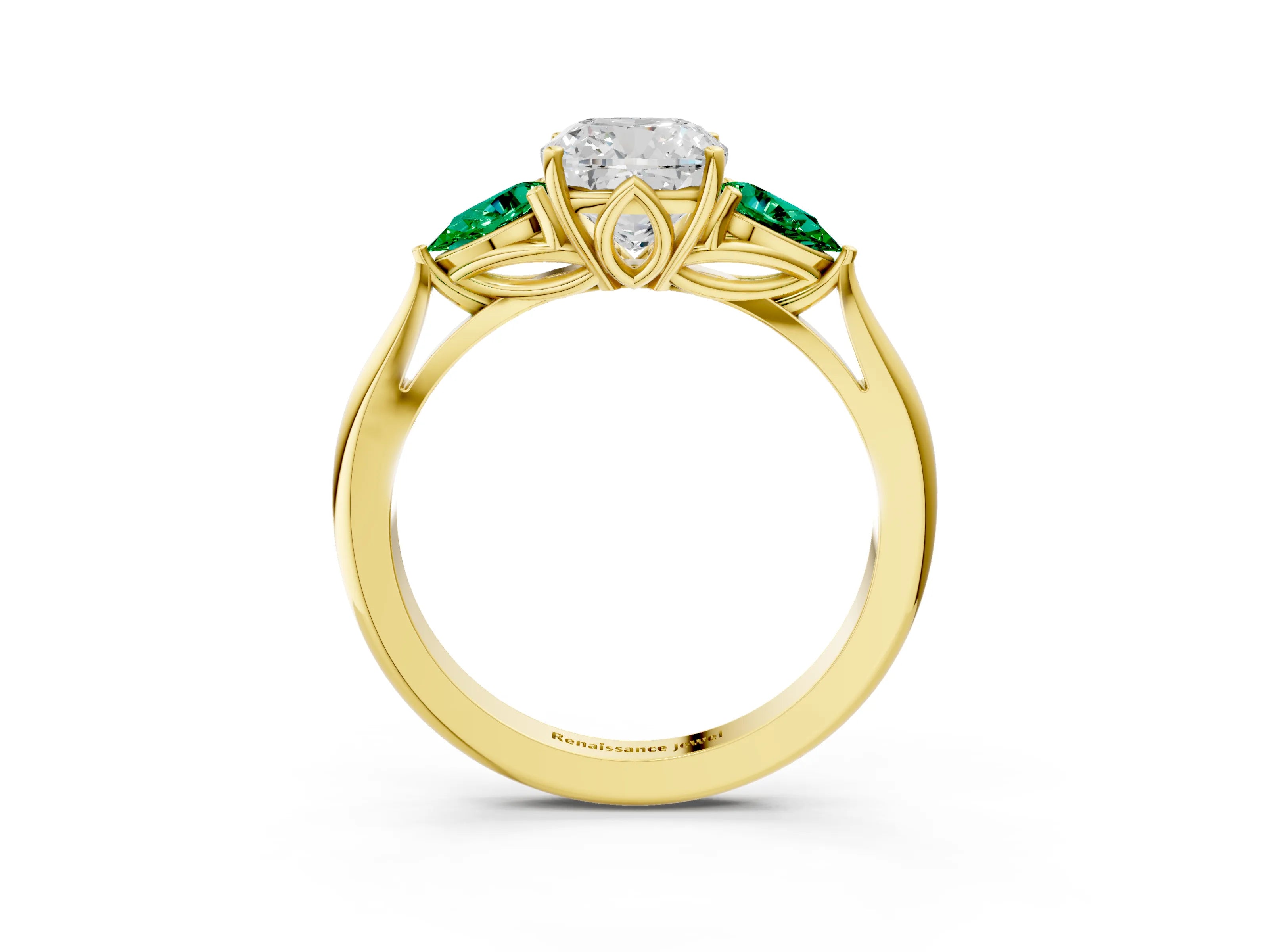 Yellow gold Cushion Cut Diamond Three-Stone Ring with Pear with Emerald side stone Side Stones and Prong Setting_3