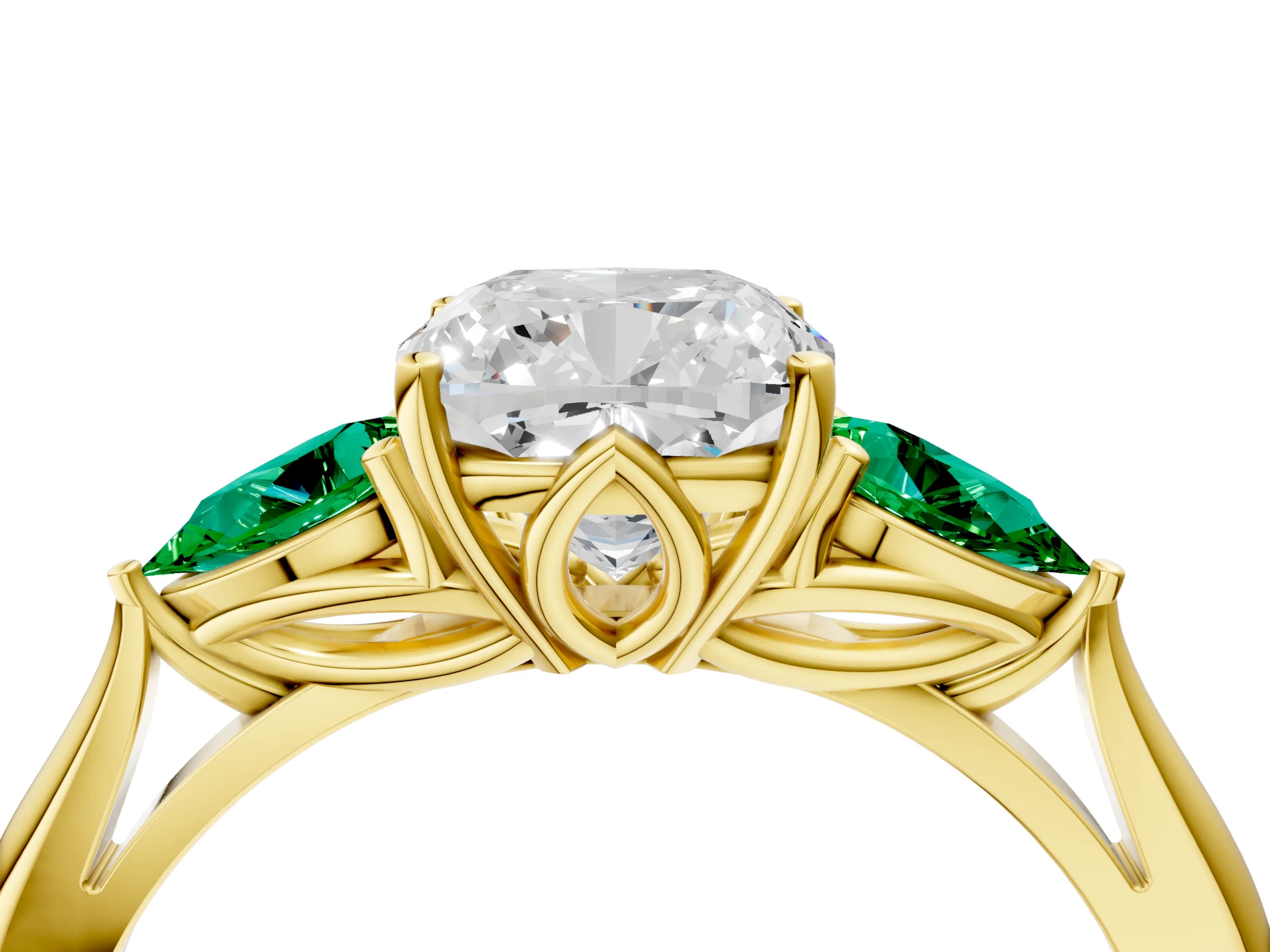 Yellow gold Cushion Cut Diamond Three-Stone Ring with Pear with Emerald side stone Side Stones and Prong Setting_4