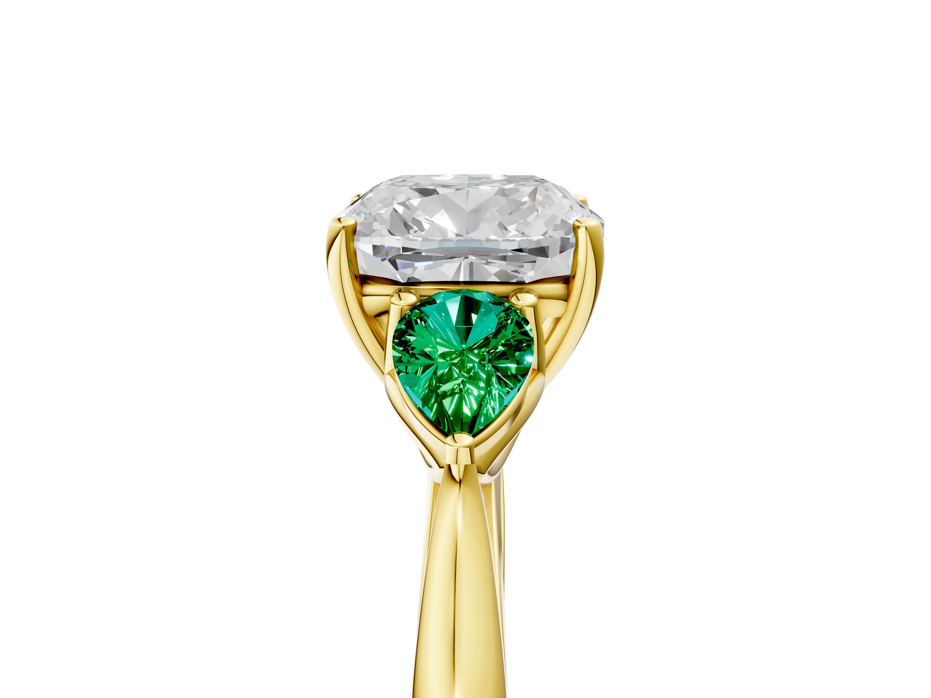 Yellow gold Cushion Cut Diamond Three-Stone Ring with Pear with Emerald side stone Side Stones and Prong Setting_5
