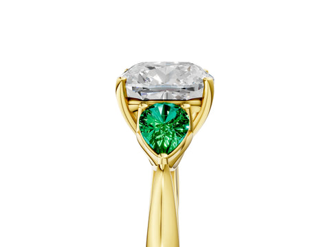Yellow gold Cushion Cut Diamond Three-Stone Ring with Pear with Emerald side stone Side Stones and Prong Setting_5