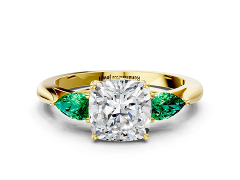 Yellow gold Cushion Cut Diamond Three-Stone Ring with Pear with Emerald side stone Side Stones and Prong Setting