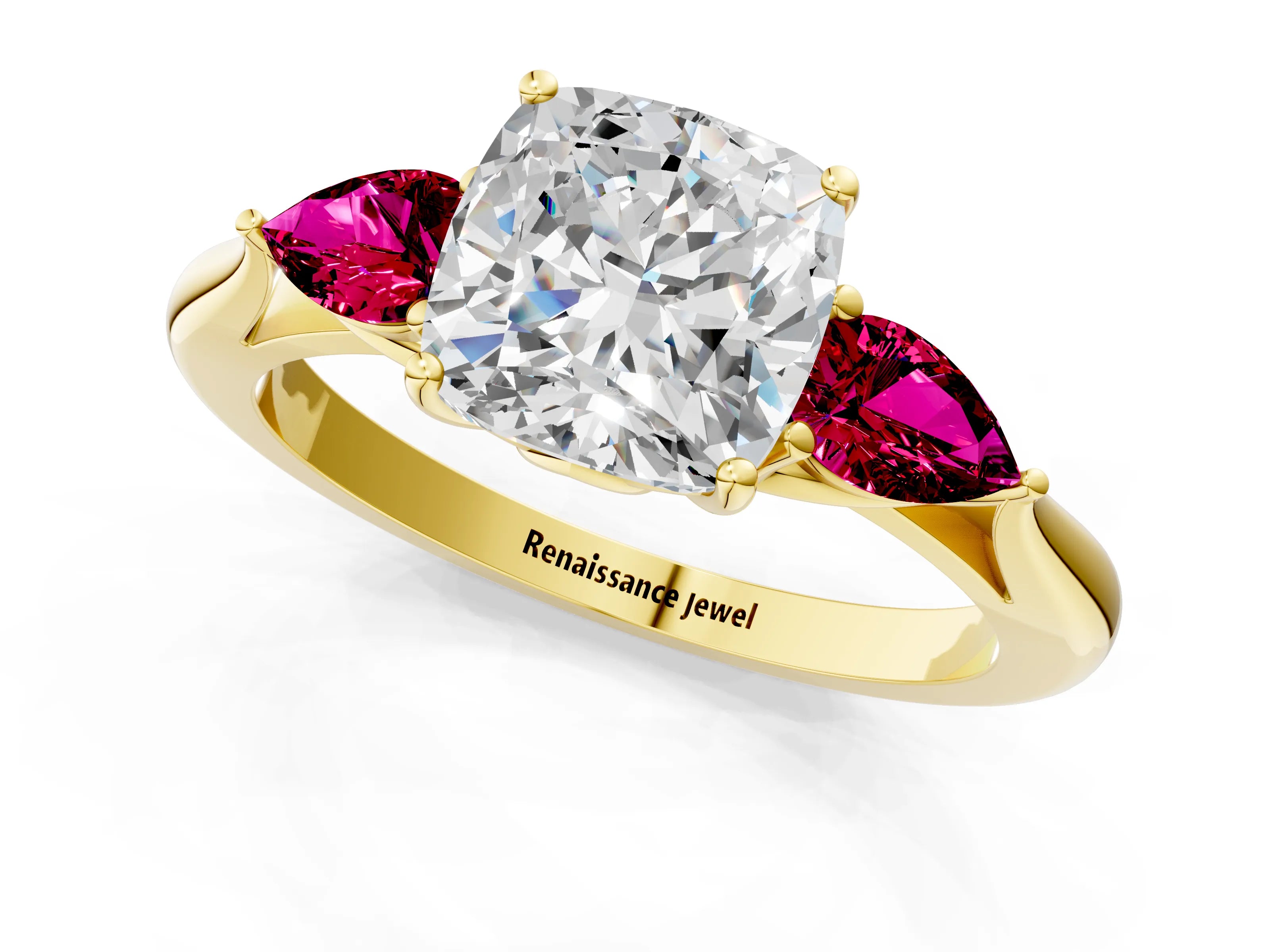 Yellow gold Cushion Cut Diamond Three-Stone Ring with Pear with Garnet side stone Side Stones and Prong Setting_1