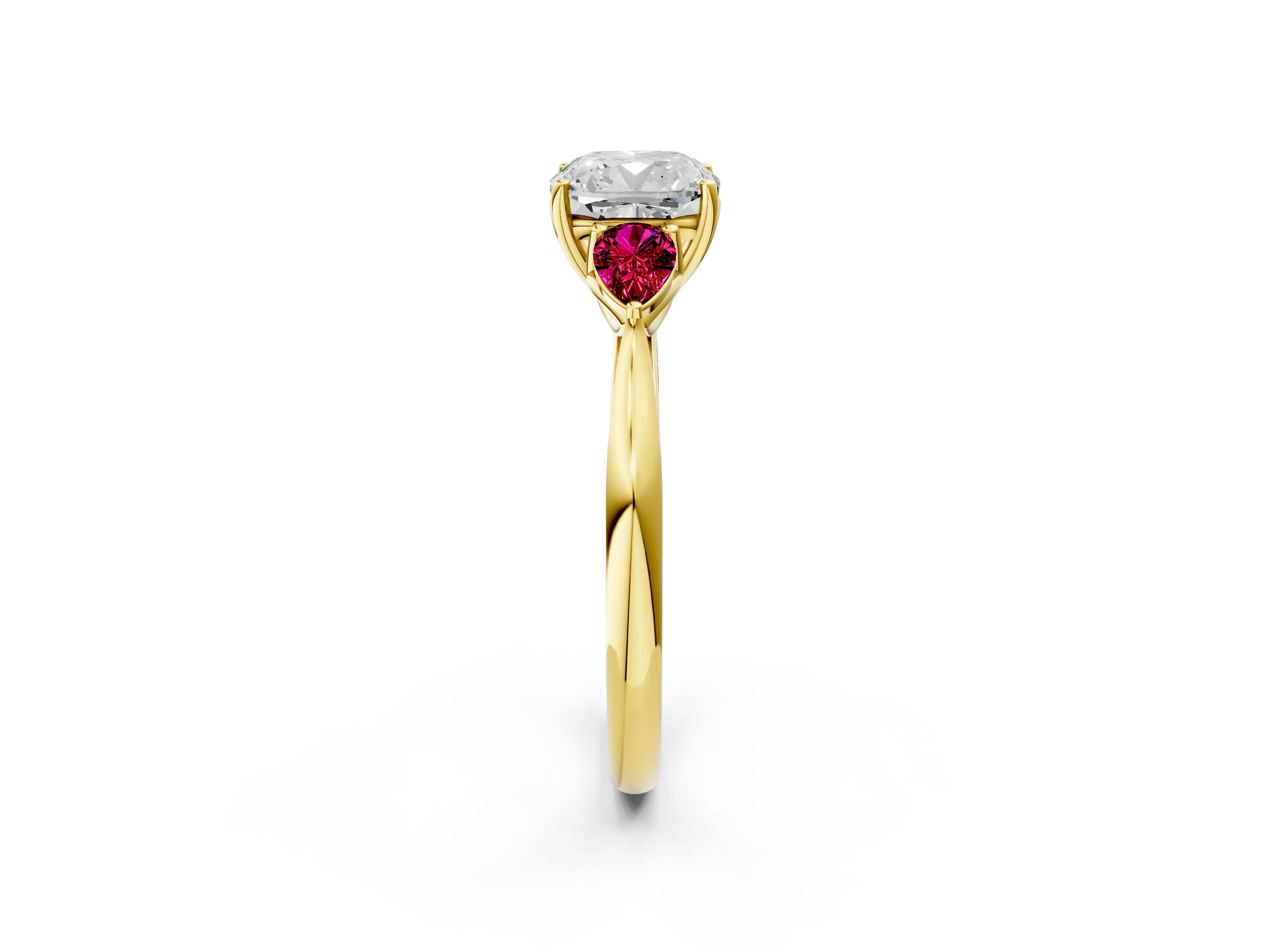 Yellow gold Cushion Cut Diamond Three-Stone Ring with Pear with Garnet side stone Side Stones and Prong Setting_2