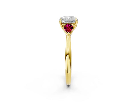 Yellow gold Cushion Cut Diamond Three-Stone Ring with Pear with Garnet side stone Side Stones and Prong Setting_2