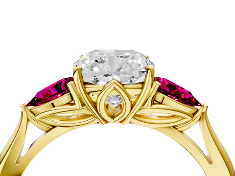 Yellow gold Cushion Cut Diamond Three-Stone Ring with Pear with Garnet side stone Side Stones and Prong Setting_4