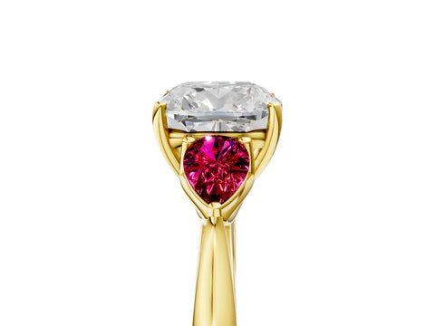 Yellow gold Cushion Cut Diamond Three-Stone Ring with Pear with Garnet side stone Side Stones and Prong Setting_5