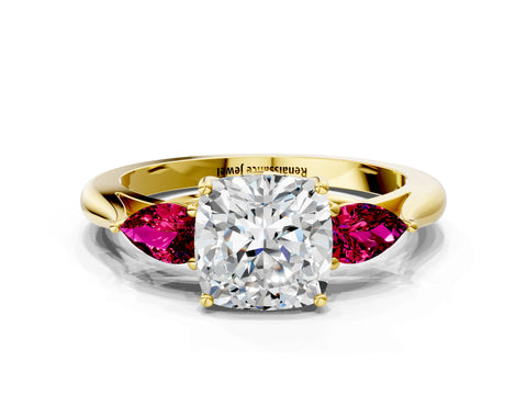Yellow gold Cushion Cut Diamond Three-Stone Ring with Pear with Garnet side stone Side Stones and Prong Setting