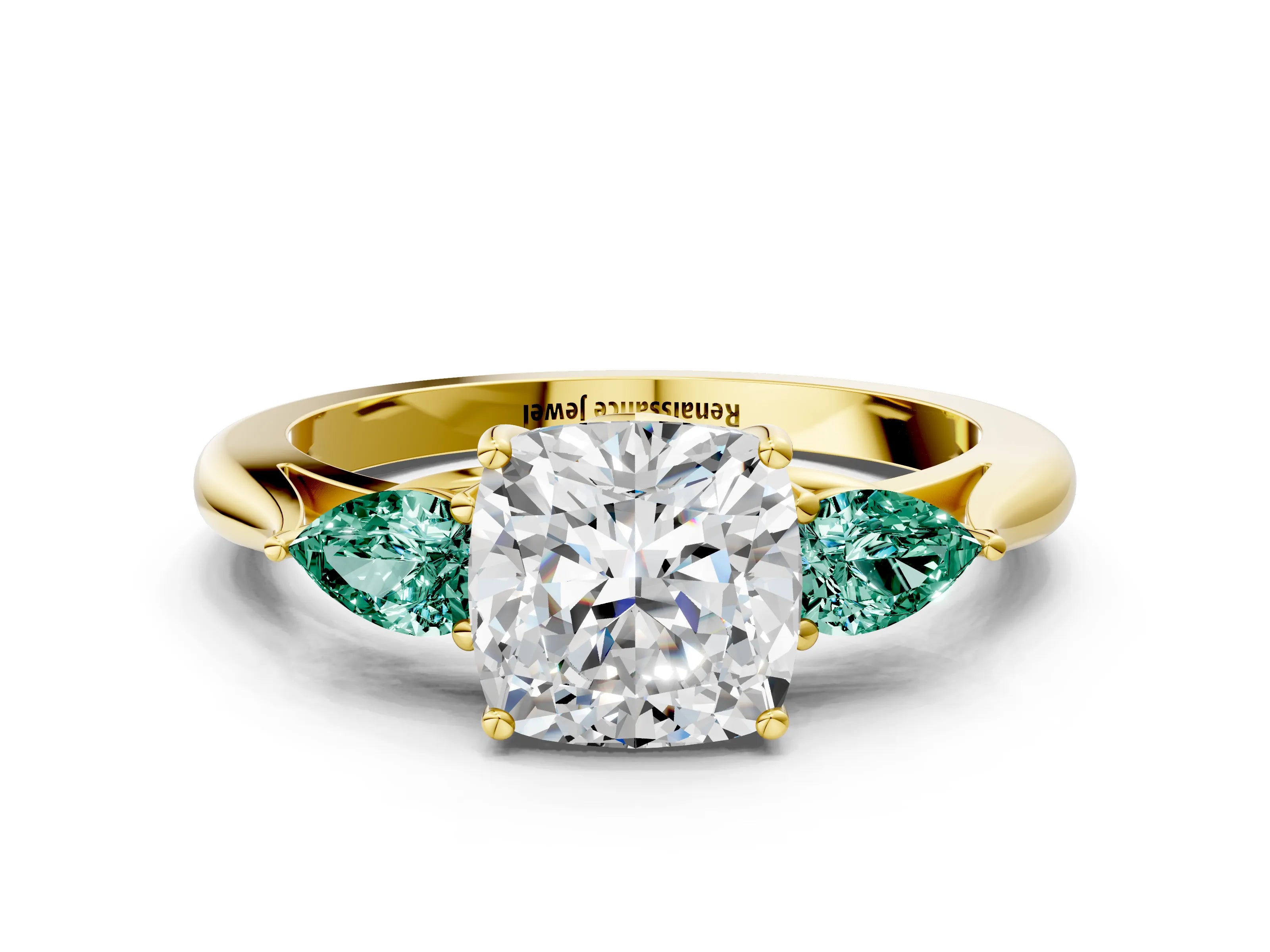 Yellow gold Cushion Cut Diamond Three-Stone Ring with Pear with Green Sapphire side stone Side Stones and Prong Setting