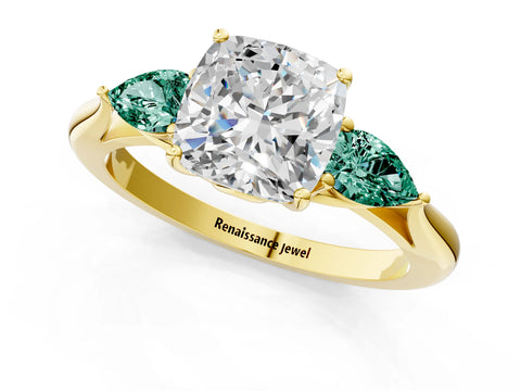 Yellow gold Cushion Cut Diamond Three-Stone Ring with Pear with Green Sapphire side stone Side Stones and Prong Setting_1