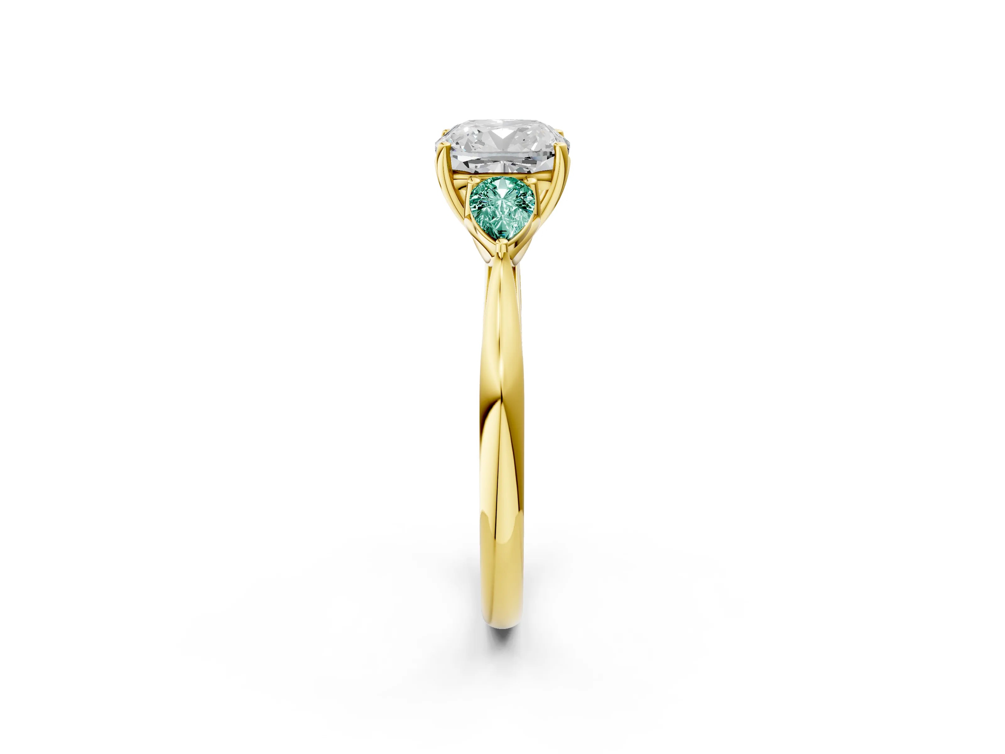 Yellow gold Cushion Cut Diamond Three-Stone Ring with Pear with Green Sapphire side stone Side Stones and Prong Setting_2