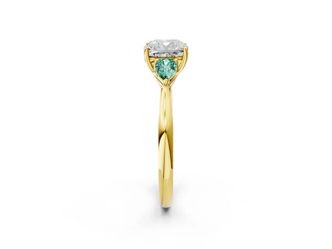 Yellow gold Cushion Cut Diamond Three-Stone Ring with Pear with Green Sapphire side stone Side Stones and Prong Setting_2