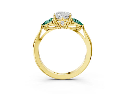 Yellow gold Cushion Cut Diamond Three-Stone Ring with Pear with Green Sapphire side stone Side Stones and Prong Setting_3
