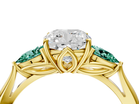 Yellow gold Cushion Cut Diamond Three-Stone Ring with Pear with Green Sapphire side stone Side Stones and Prong Setting_4